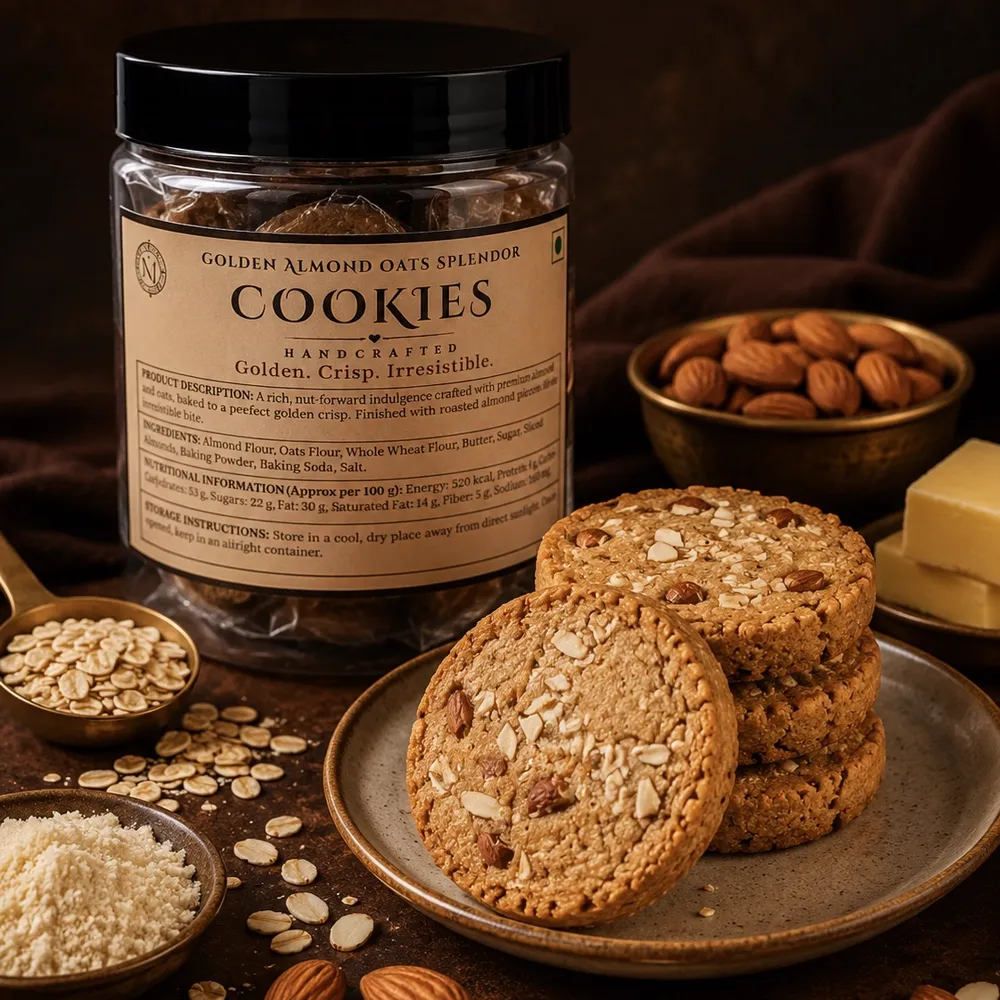 Crave Atelier Golden Almond Oats Splendor cookies and jar, with almonds and oats scattered around
